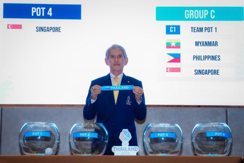 សមាគមបាល់ទាត់អនុព័ន្ធយោធាអនុប្រធានប្រធានាធិបតី Charnwit Polcheewin បានបង្ហាញពីសំបុត្ររបស់ប្រទេសថៃក្នុងពិធីចាប់ឆ្នោតនៅថ្ងៃអាទិត្យ។ (រូបថតផ្គត់ផ្គង់រូបថត)